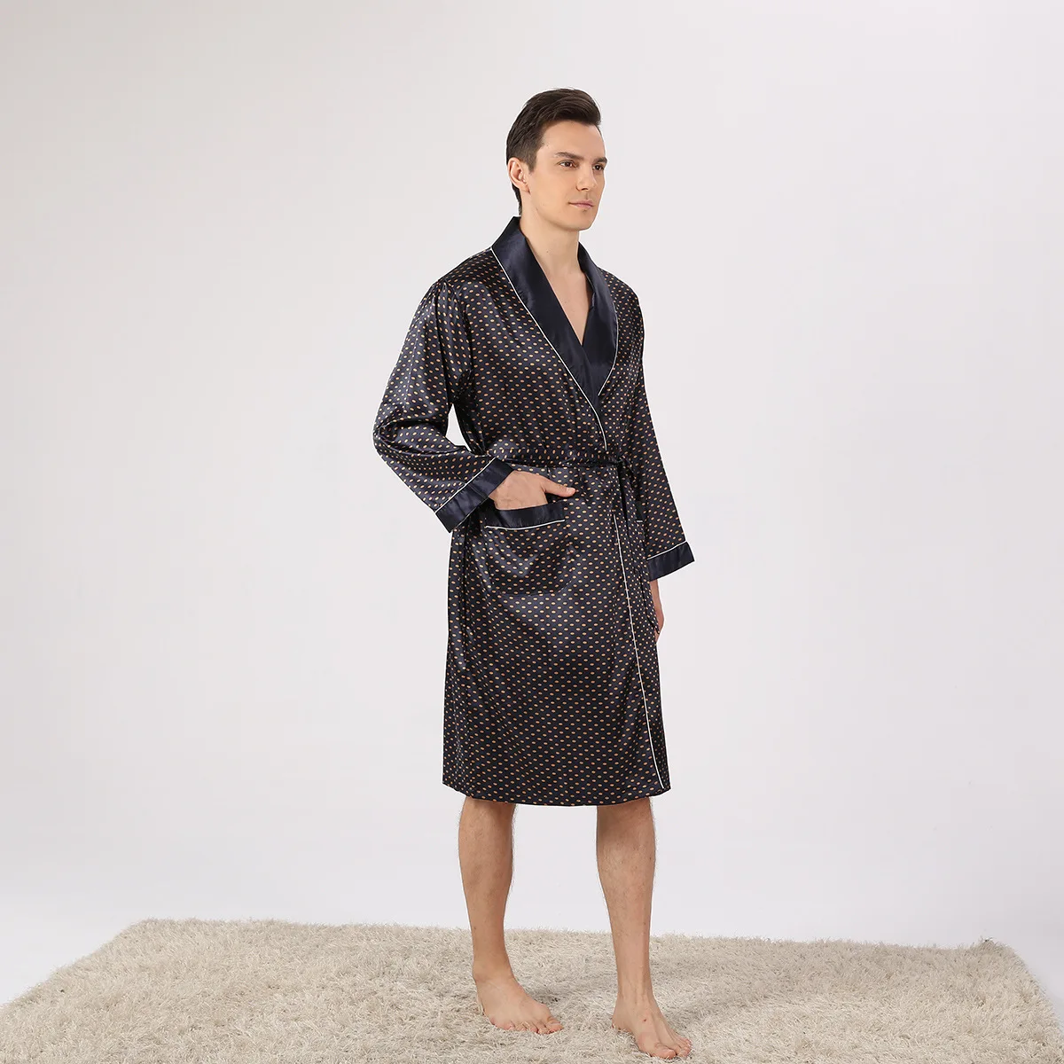 Plus Size 3Xl Kimono Men Home Clothes Satin Long Sleeve Robe Sets for Male Cardigan Bath Robe Bathrobe Gown Mens Robes Sleepwear