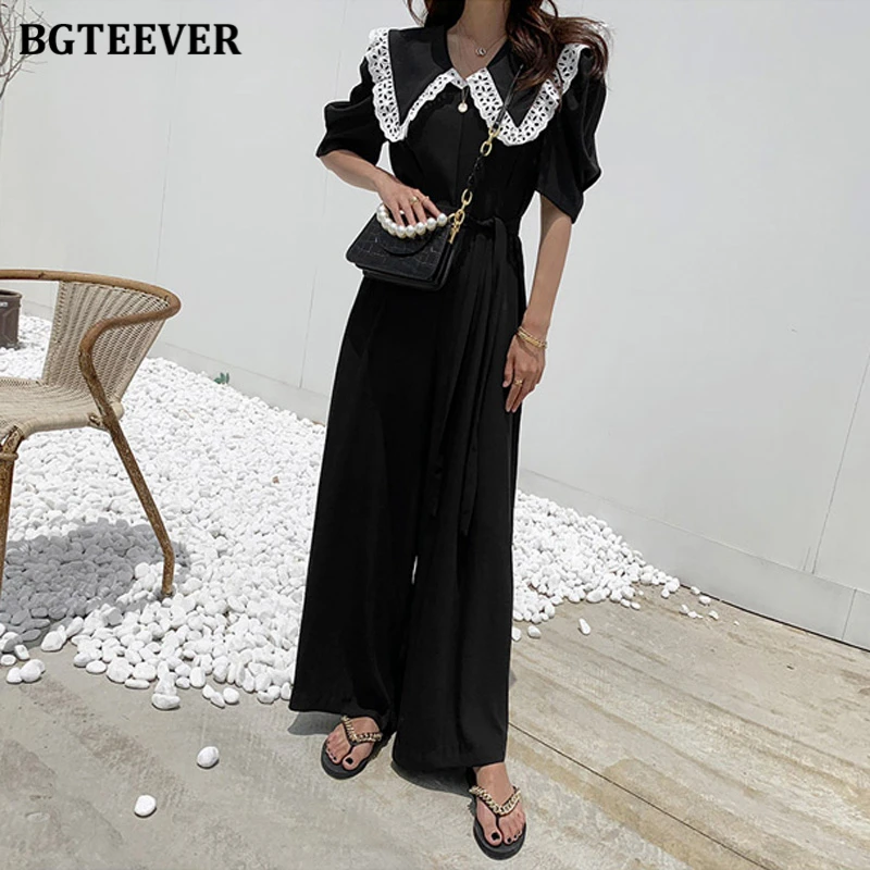 BGTEEVER Modne Długie Spodnie Damskie Kombinezony z Klapami, Koronkowymi Wstawkami, Sznurowane Kombinezony z Szerokimi Nogawkami, Letnie Stroje Damskie