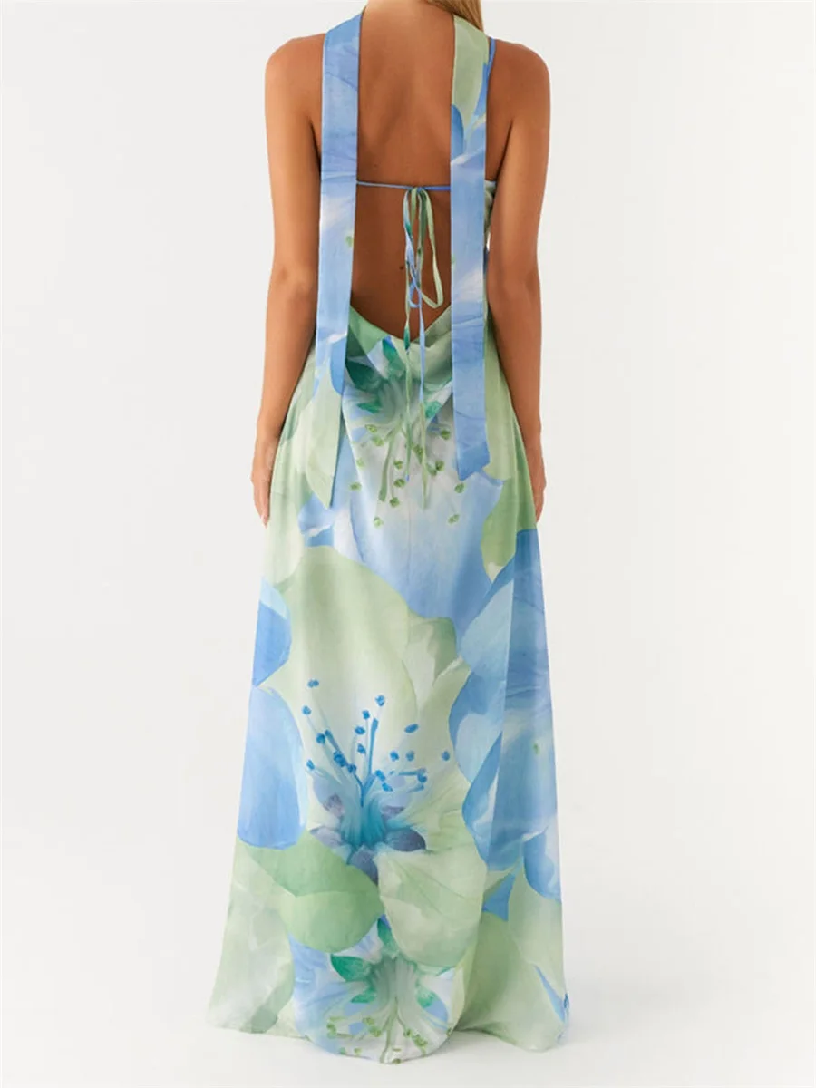 Nuevo vestido largo con cordones y espalda descubierta sin mangas con estampado Floral, vestido Sexy ajustado de verano, trajes elegantes para fiesta de vacaciones, venta al por mayor S-XL