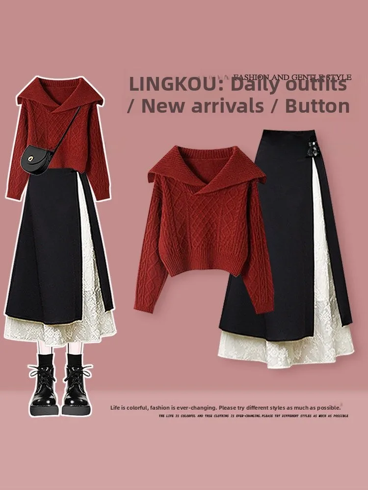 

Вязаный комплект из свитера и юбки для женщин: юбка миди с высокой талией, красный цвет, идеально подходит для Китайского Нового года, осени и зимы...