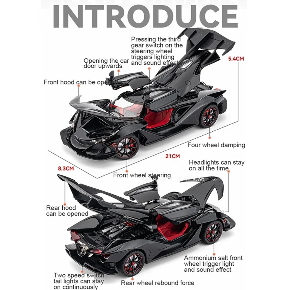 1:24 Schaal Apollo IE Sportwagens Modellen Speelgoed Legering Diecasting met Geluid en Licht Voertuigen Trek Auto Speelgoed voor Kinderen Geschenken