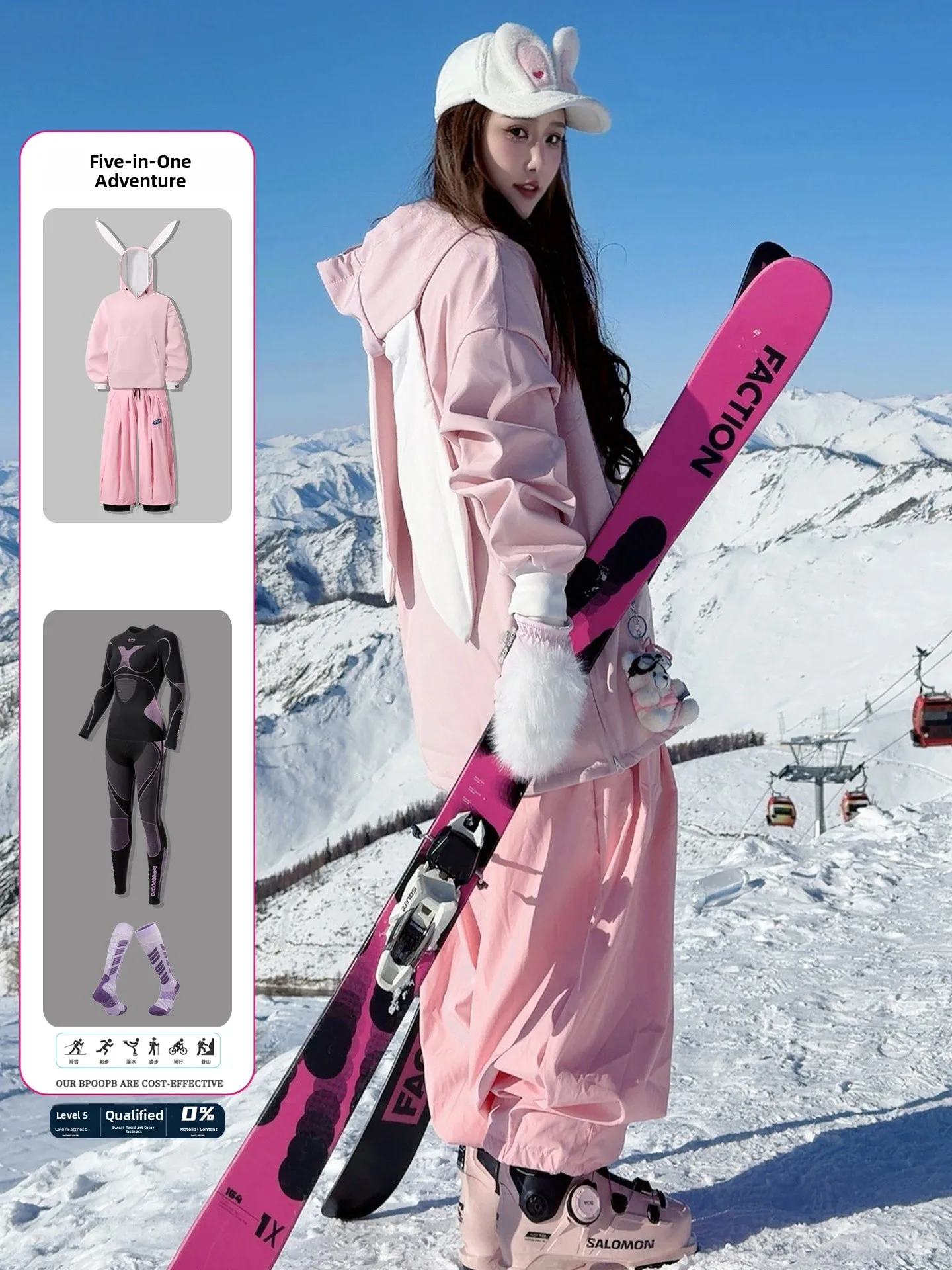 Pink Rabbit Ear Snowboard Suit Set Men's Waterproof Windproof Wear Resistant Single Board Snow Suit Full Skiing Equipment