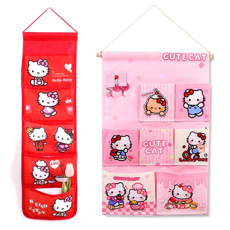 Kawaii Pink Hello Kitty Wall Storage Bag Cute Japanese Charms Decoration Room Birthday Gift Hanging Bag Storage