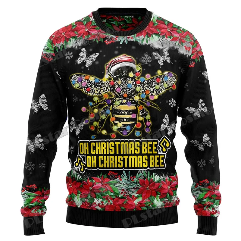 Winter Men's Fashion Sweater Bee Merry Pattern 3D Printed Ugly Christmas Sweater Neutral Casual Warm Knitted Pullover M100