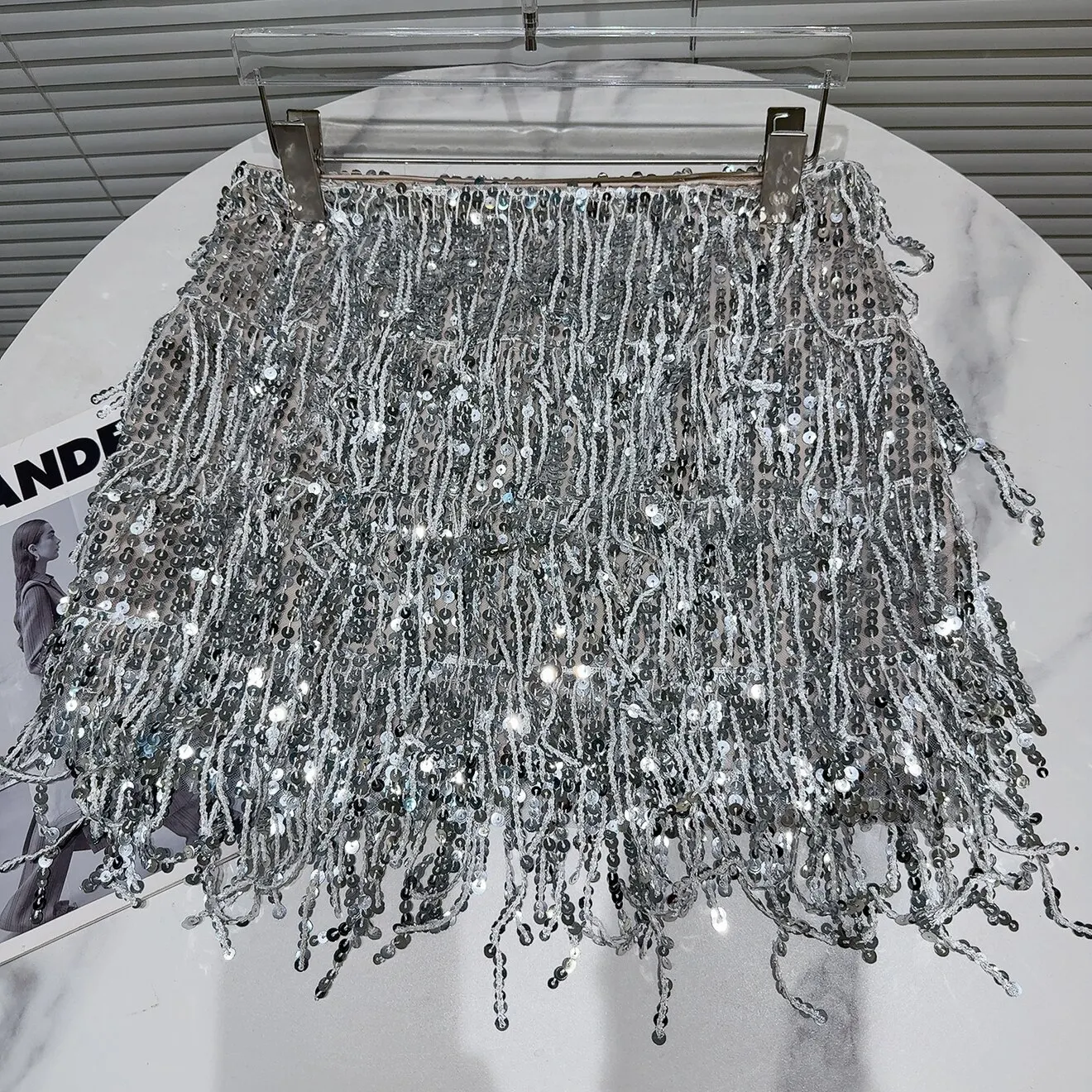 

2026 Summer New Runway Performance Silver Sequin Tassel Design Heavy-duty Mini Skirt for Women, Party Dancing Skirts