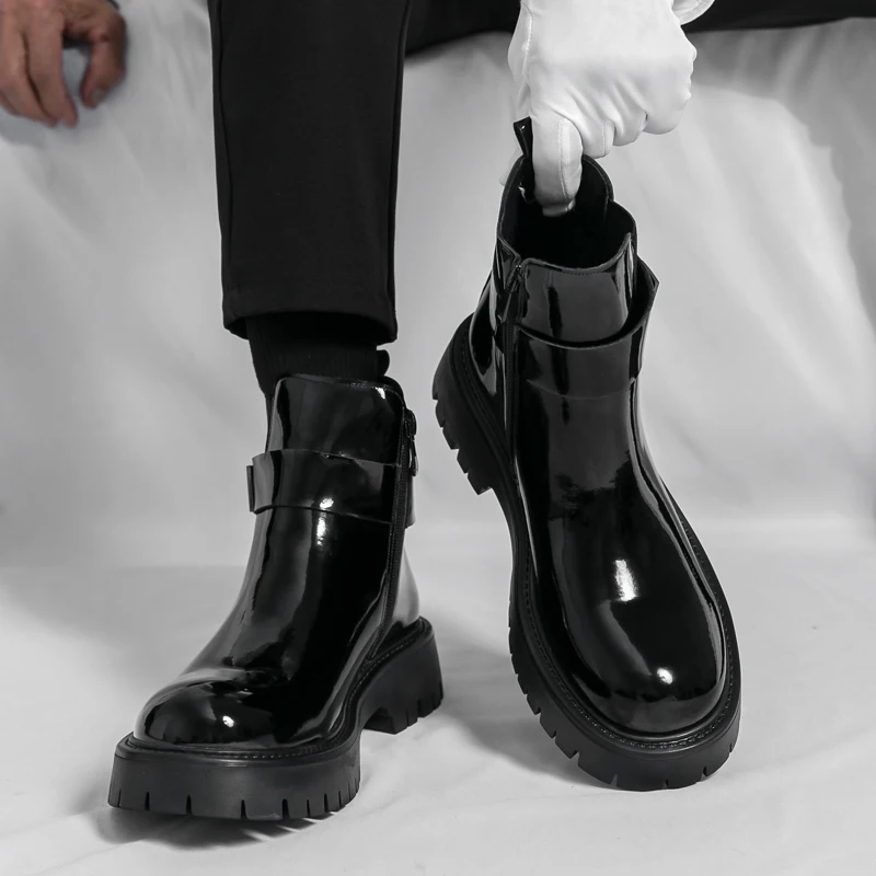 Sc06149ca882e4698a62e8915ae2a0144D Classic Black Patent Leather Chelsea Boots for Men with Side Zipper