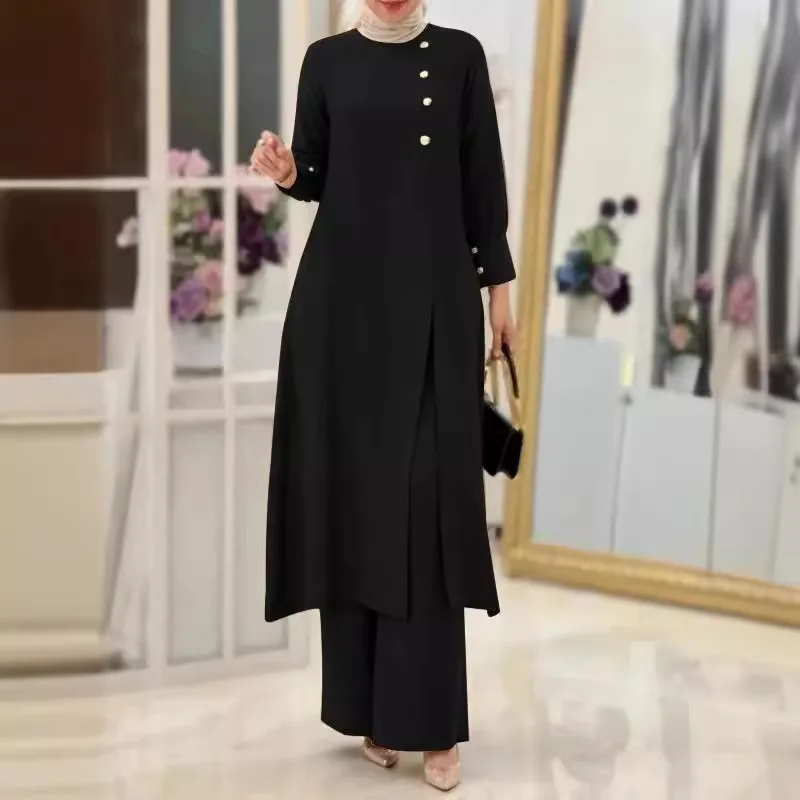 2024 Middle East Muslim women\'s two-piece fashion elegant solid color side slit long shirt wide leg pants robe