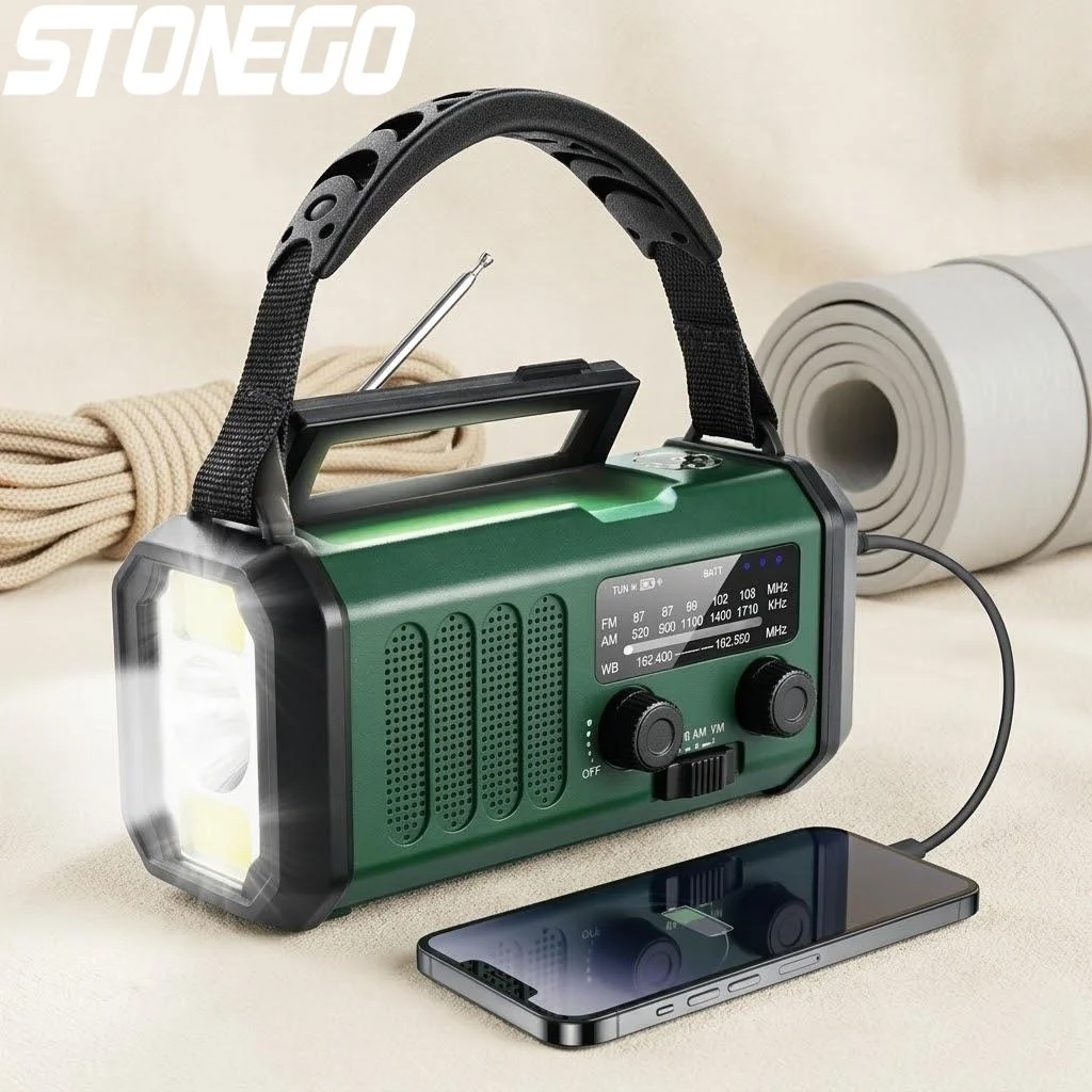 

10000mAh Solar Crank AM FM Radio with USB C Charger Flashlight SOS Alarm and Compass Outdoor Emergency Gear