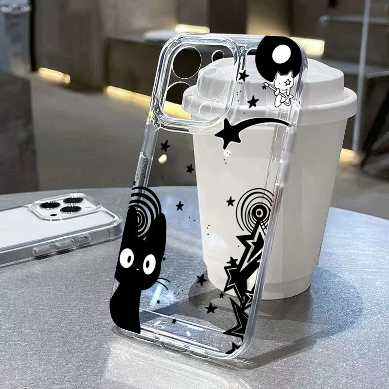 

Cute Cartoon Black Cat Phone Case For iPhone 17 16 15 11 12 14 13 Pro Max Mini X XS XR 7 8 Plus SE 16E Transparent Cover Fundas