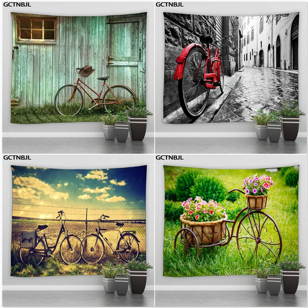 Bike Tapestry Retro Landscape Wall Hanging Big Tapestries Sandy Beach Picnic Throw Rug Blanket Camping Tent Travel Sleeping Pad