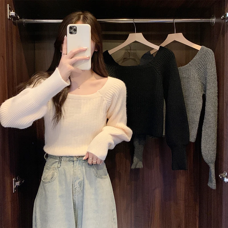 Herbst Winter Lose Frauen Pullover Casual Weiche Lange Puff Sleeve Pullover Jumper Strickwaren Grundlegende Pullover Für Frauen Tops – Detail 1