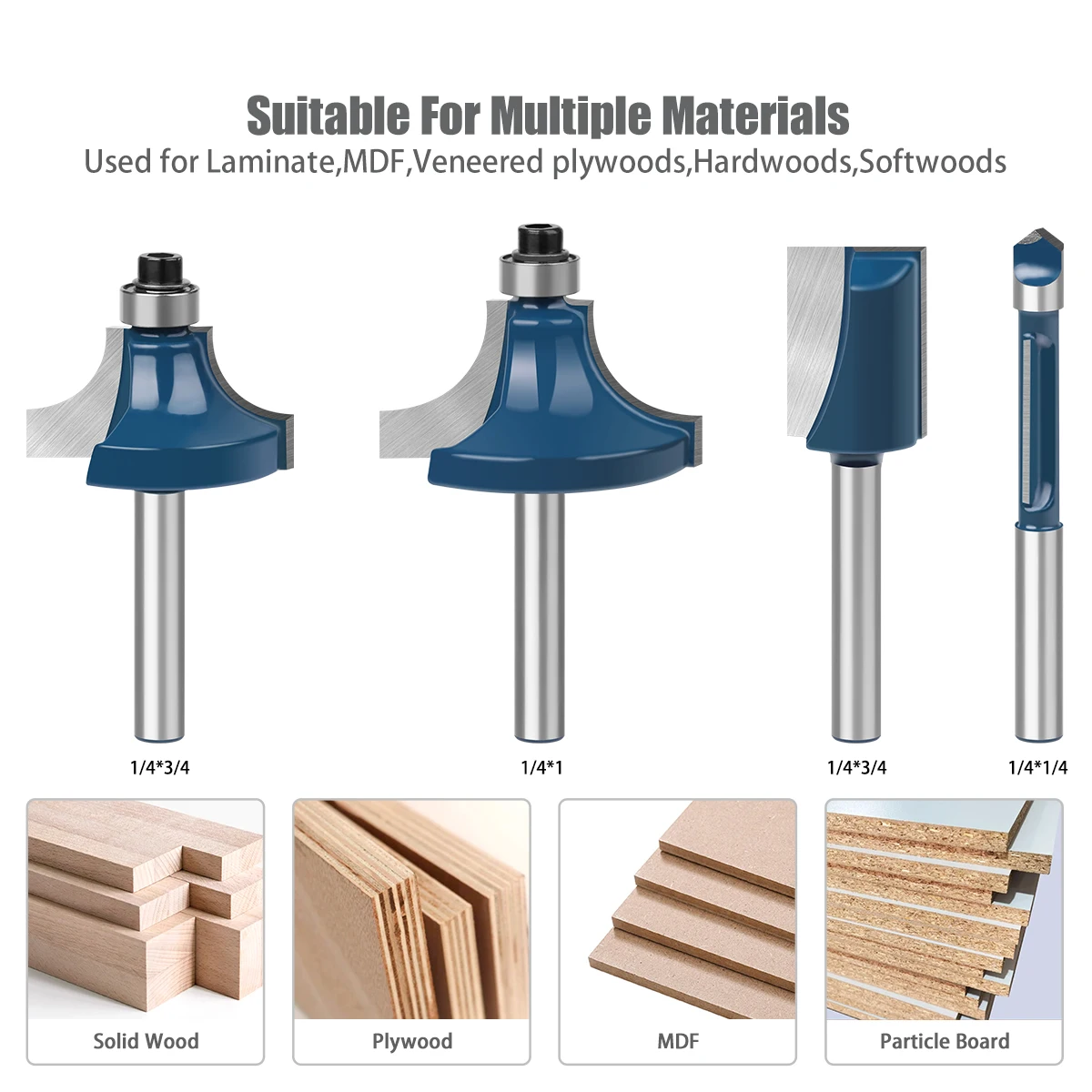 6mm 1/4in Shank Router Bits Set Trimming Straight Round Corner Cove Box Milling Cutter Tungsten Carbide Woodworking Tools