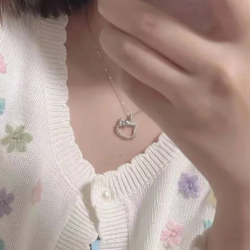 Hello Kitty Necklaces Kawaii  Anime Sanrio Crystal Pendant Ladies Girl Simple White Zircon Elegant Necklace Women Jewelry Gift