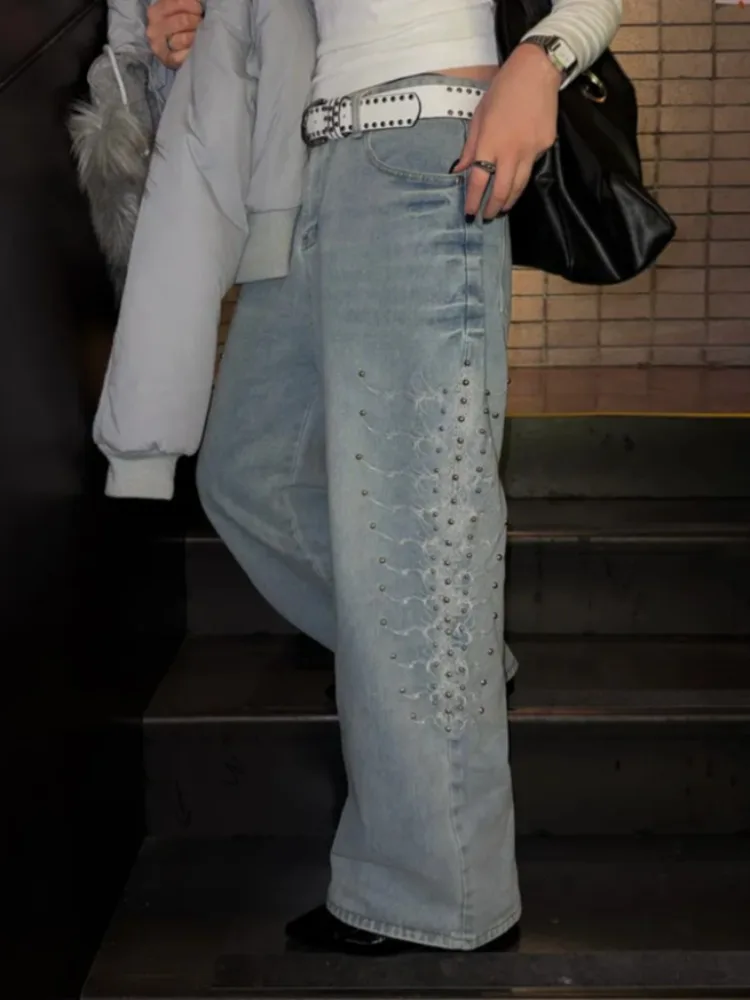 

Glittering Pearl Embroidered Wide Leg Jeans Korean Sle Women's Faion Spring Autumn Winter Casual Comfortable Denim Pants