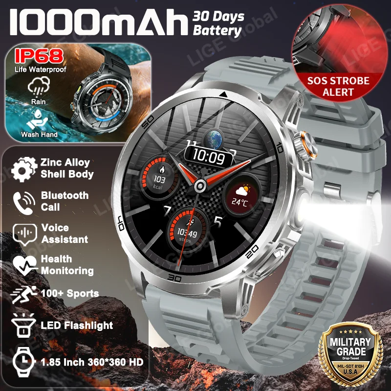 

LIGE New Men's Smart Watch SOS Distress Light LED Flashlight 1000mAh Battery Military Outdoor Sports Smartwatch 1.85 Inch AMOLED