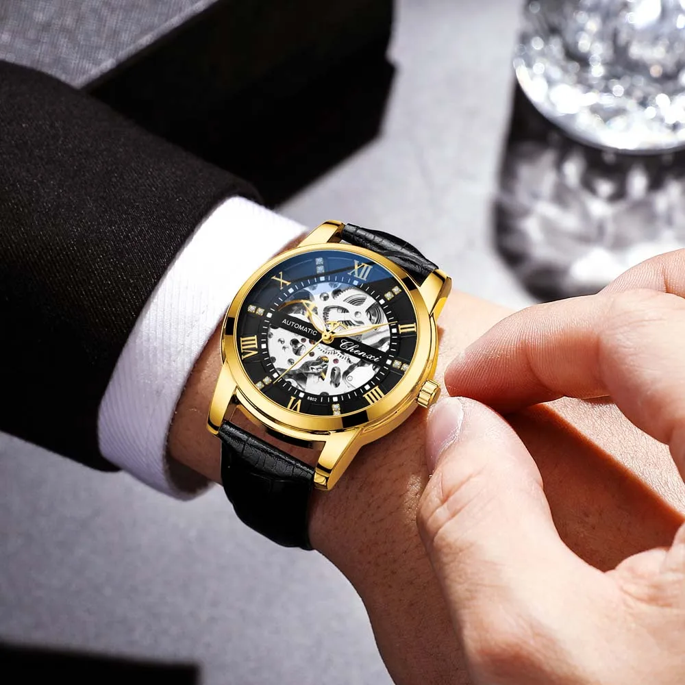 CHENXI 남성용 속이 빈 자동 기계식 시계 세련된 비즈니스 방수 매일 사용 시계 남성용 Reloj Hombre