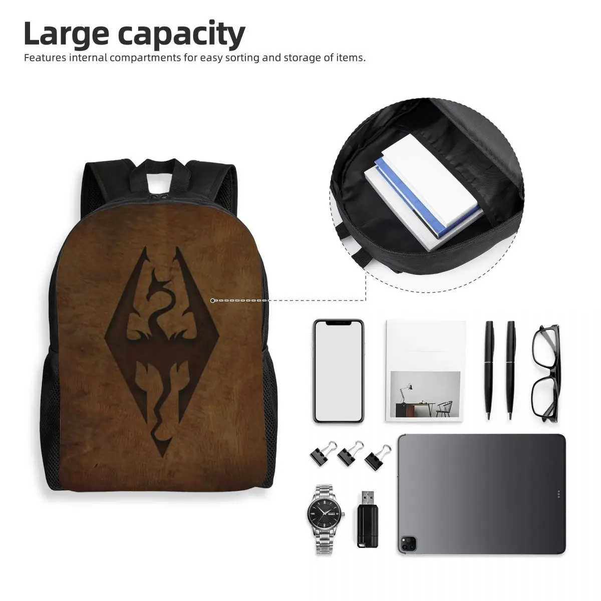 3D Print Skyrim Worn Leather Emboss Backpack for Boys Girls School College Travel Bags Women Men Bookbag Fits 15 Inch Laptop