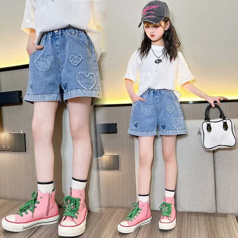 Children's High Waist Fashion Turnup Shorts 5 7 9 11 12 13 14Years Old Teen Girls Denim Shorts New Summer Clothes New Arrivals