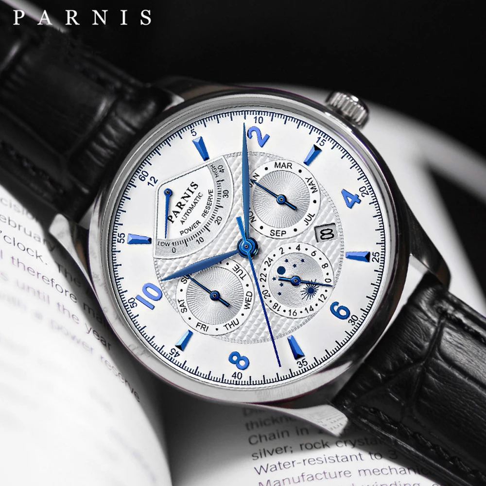 Parnis 43mm Power Reserve Automatic White Dial Blue Marks Men's Watch Month Date Day 24-hours