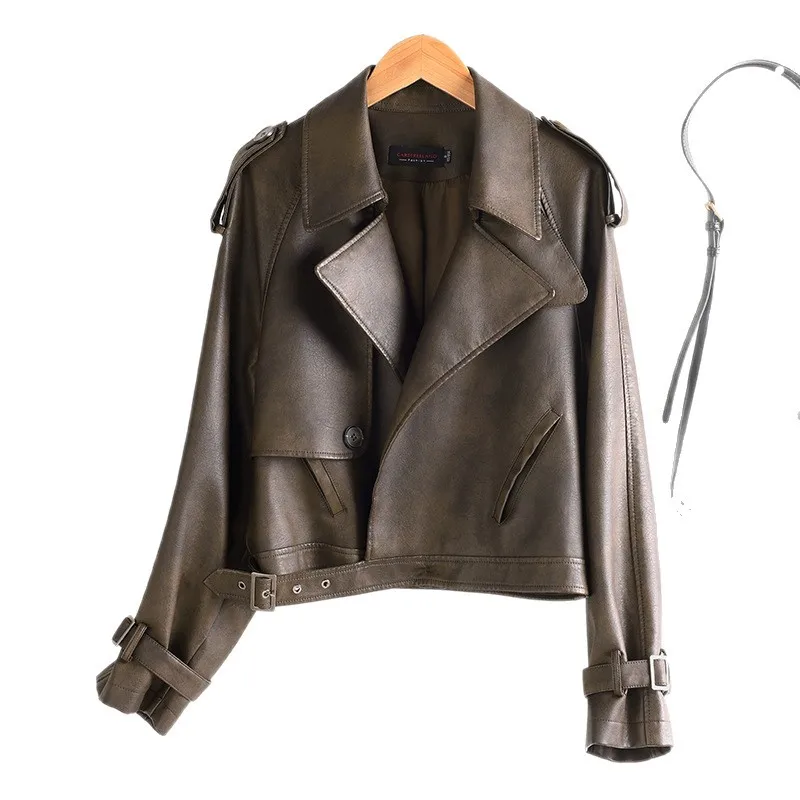 2026 Новая модная короткая кожаная куртка, женское пальто из искусственной кожи, весенне-осенний повседневный топ с отложным воротником, женская уличная одежда, свободная верхняя одежда