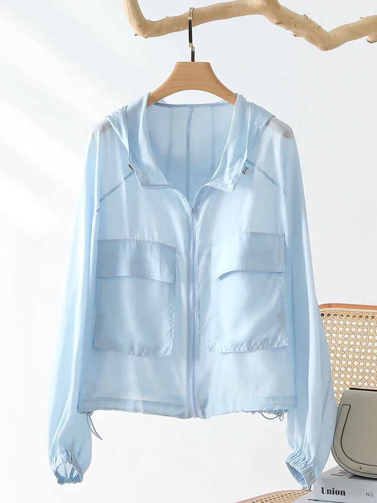 High Quality Summer Silk Shirt Women's Long Sleeve Thin Outer Wear Hooded Young Loose Solid Color Real Jacket