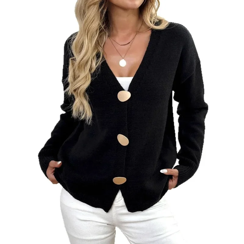 

Womens Warm Plush Button Up Cardigan Short V Neck Long Sleeved Sweater Jacket European American Style