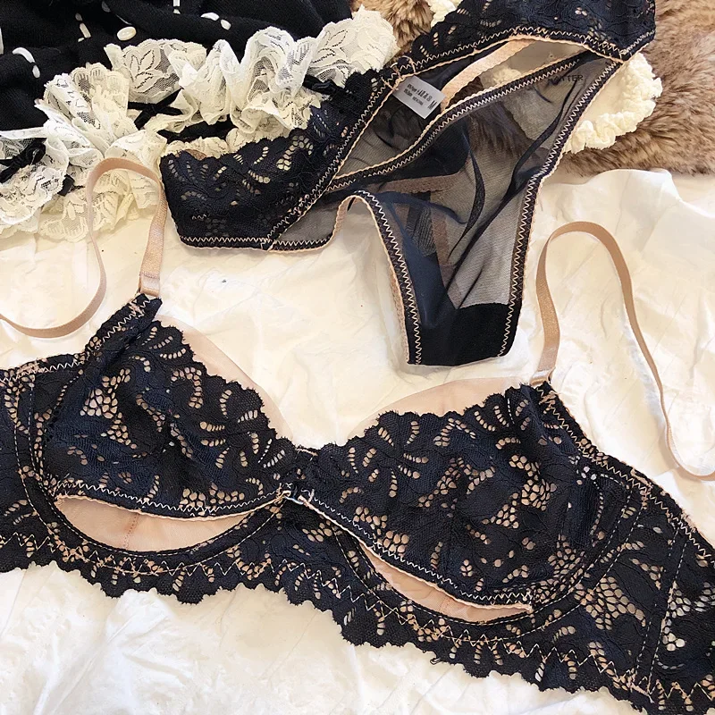

Кружевное сексуальное ультратонкое нижнее белье с треугольными чашками, мягкое стальное кольцо, полый дышащий комплект нижнего белья, бюстгальтер без косточек большого размера