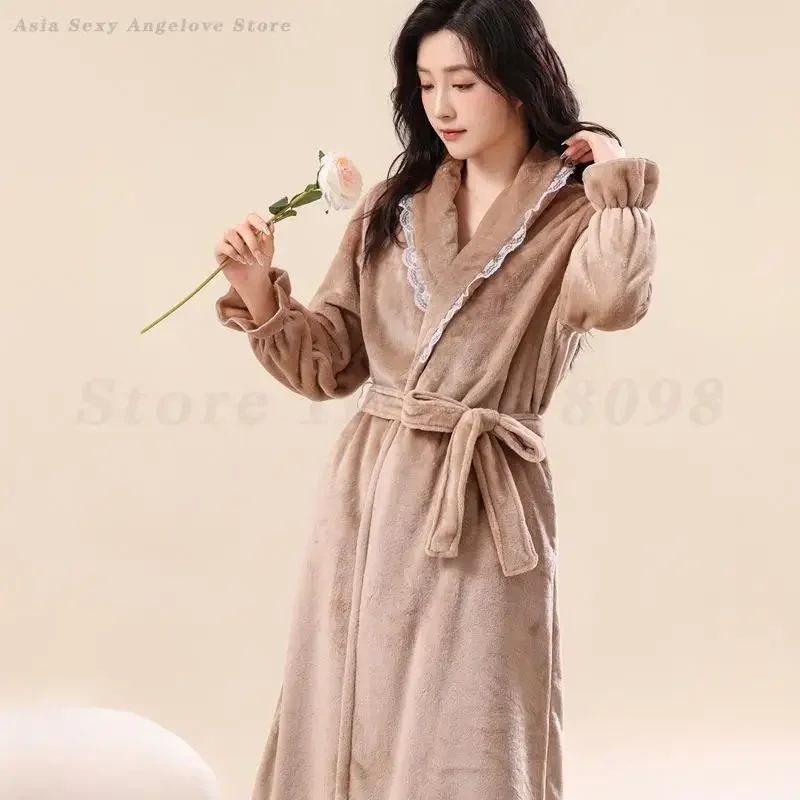 

Сексуальный кружевной халат-кимоно, осенне-зимняя ночная рубашка, фланелевой женский халат, одежда для сна, плотная теплая ночная рубашка, домашняя одежда, домашняя одежда