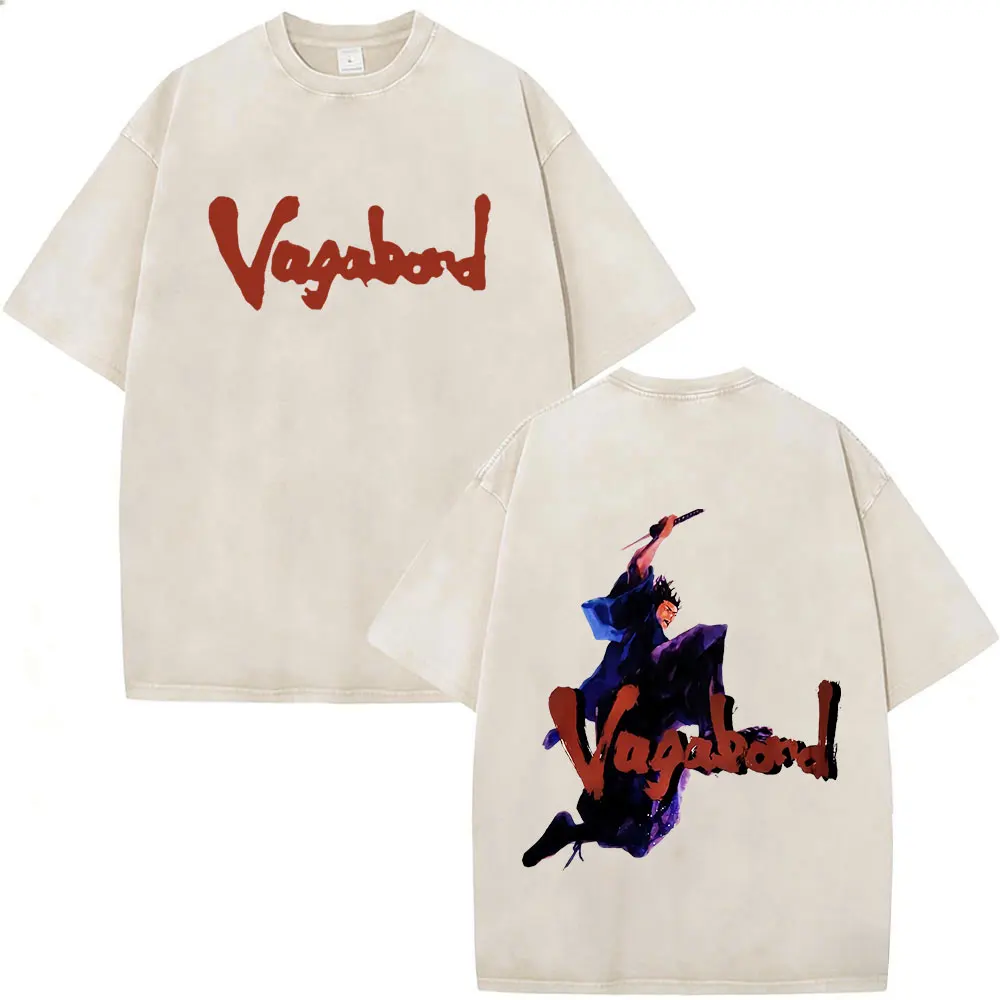 Vintage Washed Anime Vagabond Miyamoto Musashi T-shirts Men Women Clothing Casual Loose Fashion Short Sleeve T Shirts Streetwear