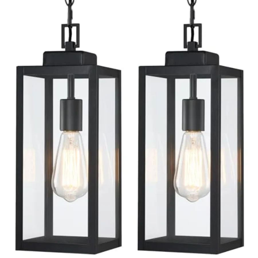 2 Packs 15'' Large Outdoor Pendant Light Modern Outside Chandelier Outdoor Hanging Lantern Light Matte Black with Clear Glass E