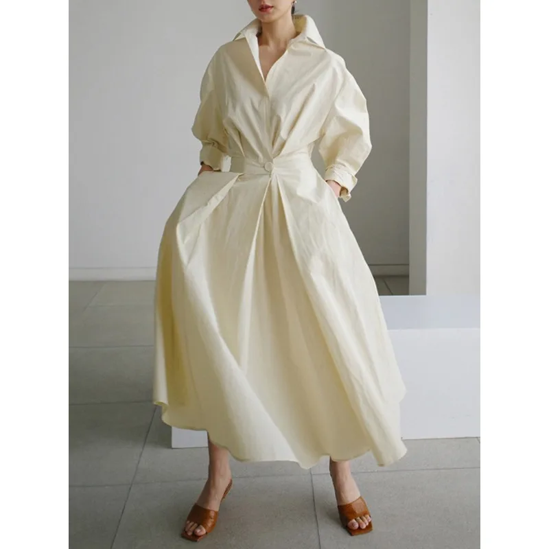 

Tinaa 100%Cotton Plus Size Dresses 2025 Pleated Solid Color Single Button Loose Fit Long Sleeves Lapel Long Dresses 183086