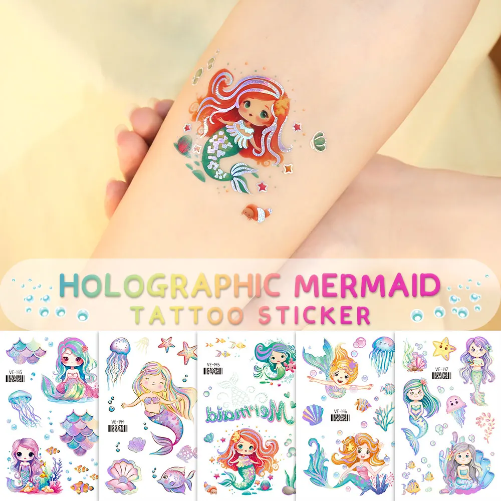 

Laser Cartoon Mermaid Children Water Transfer Waterproof Temporary Tattoo Stickers For Kids Girl Party Makeup Fake Tattoos