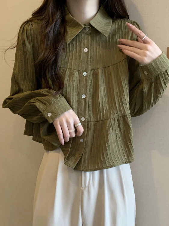 

Korean Sle ort Sve Long Sve Collared Doll irt Women's Faion Autumn New Arrival Cotton Linen Blend Easy Care irt