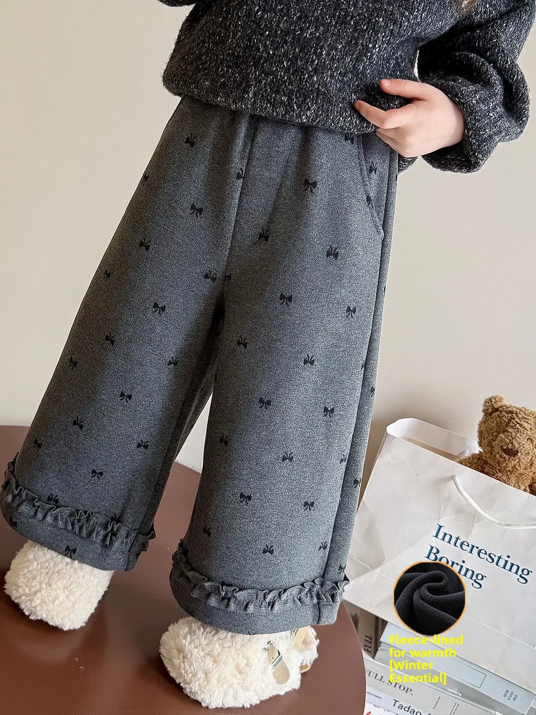 

Girls Winter Faion Thiened Camere Trousers with Knots High Waist Wide Leg Pants for Kids Outerwear