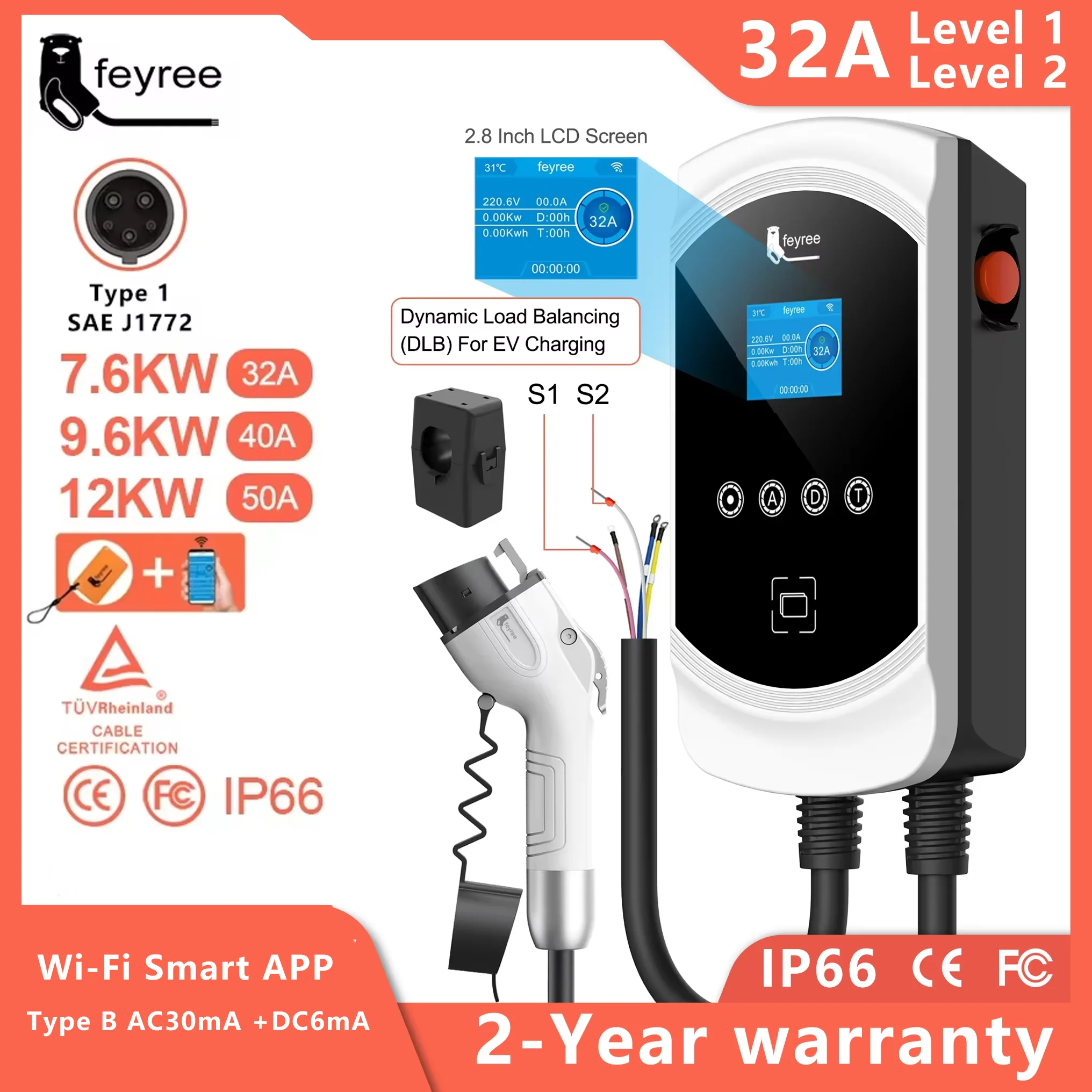 feyree DLB EV Charger Type1 EVSE Wallbox 32A 7.6KW 40A 9.6KW 50A 12KW 1P j1772 Adapter APP Control for Electric Vehicle Car