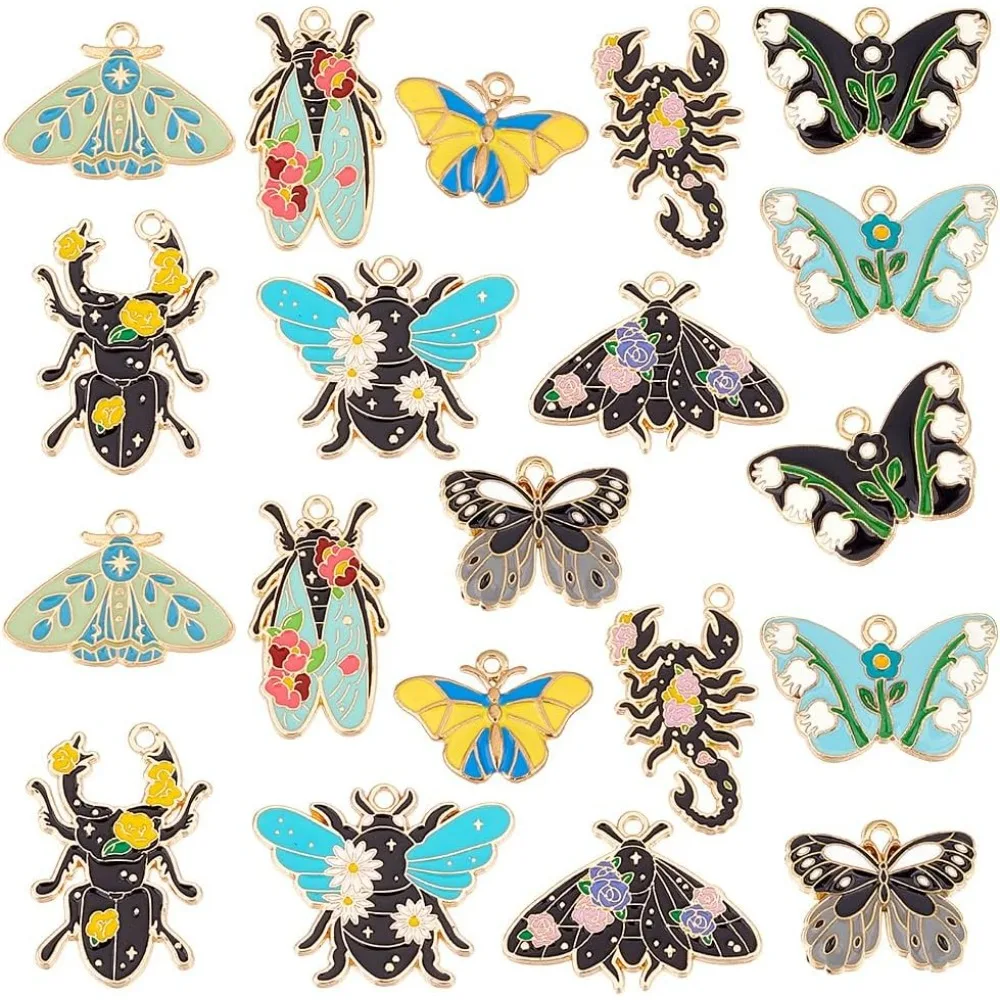 20 piezas, 10 estilos, colgantes de insectos, dijes de mariposa, escorpión, escarabajo, abejas, colgantes con flor esmaltada, Metal dorado para kit de fabricación de llaves