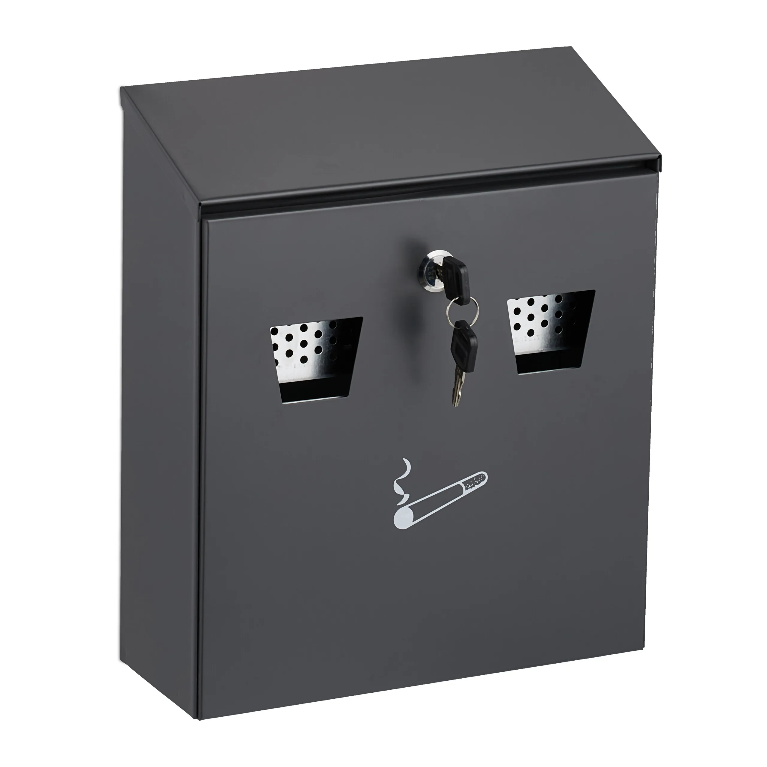 Posacenere da muro, con chiave, per esterni, ferro, contenitore estraibile, montaggio a parete, 30 x 26 x 9,5 cm, 2 chiavi, antracite, Relaxdays