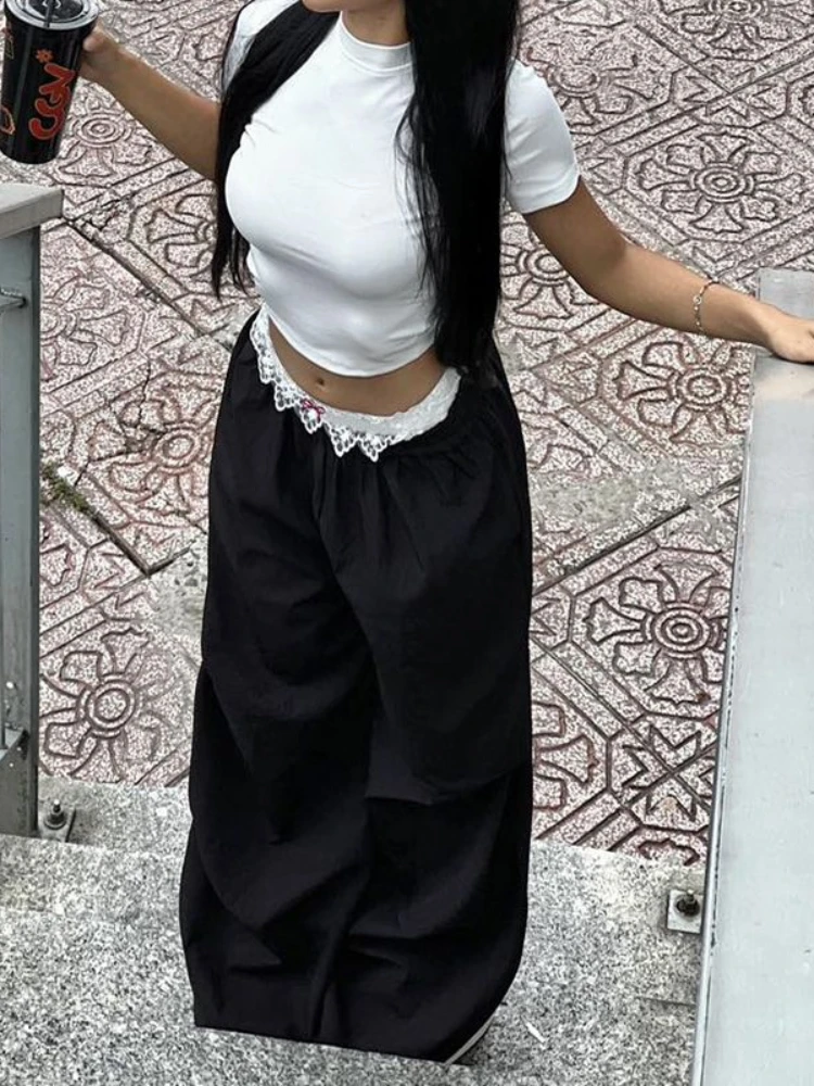 HOUZHOU Vintage Lace Patchwork Pants Women Y2k Streetwear Low Rise Wide Leg Trousers Korean Fashion Casual Black Baggy Pants