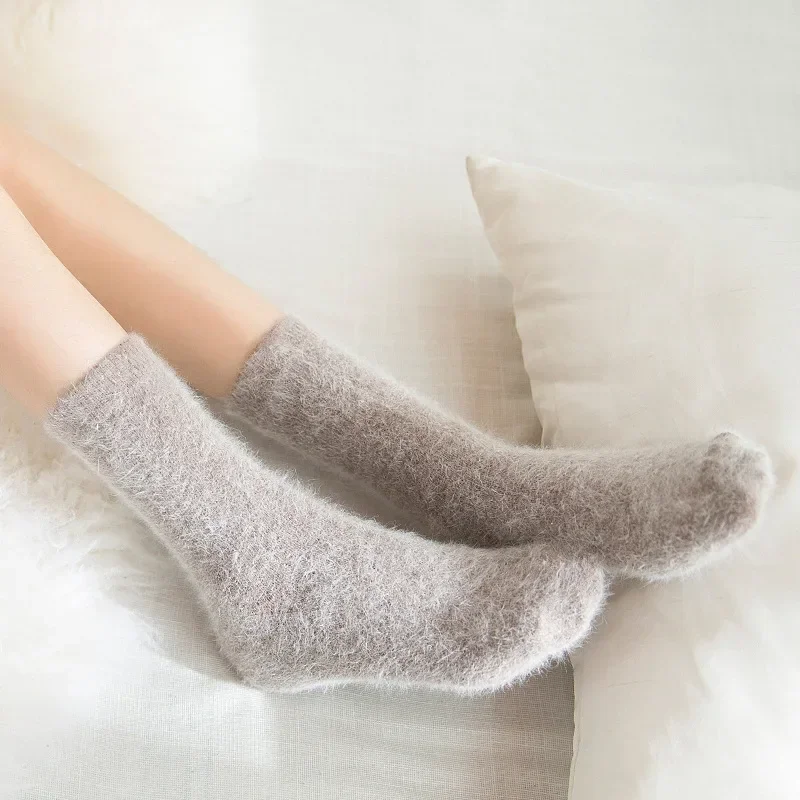3 Pairs Pure Color Warm Winter Socks Angora Rabbit Hair Female Thickening Wool Socks Cotton Rabbit Wool Socks Calcetines Winter