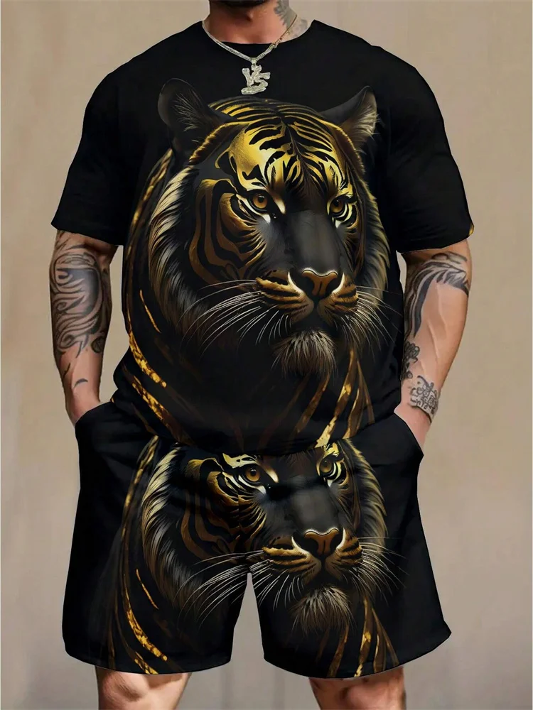 

Plus Size 3D Lion Print Men's Cooling T-Shirt and Shorts Set Sports Fitness Summer Street Style Relaxed Fit Two-Piece Men Outfit
