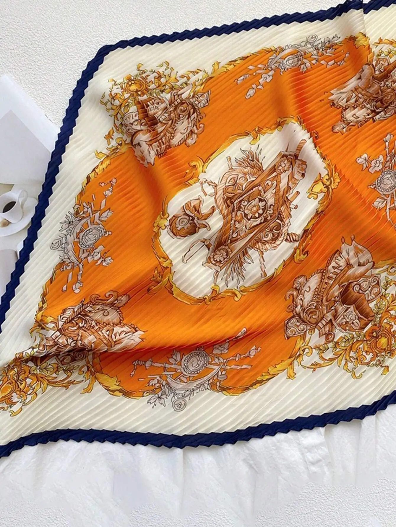 

Pleated Printed Scarf For Women, Orange Floral Pattern Neck Hair Or Bag Accessory