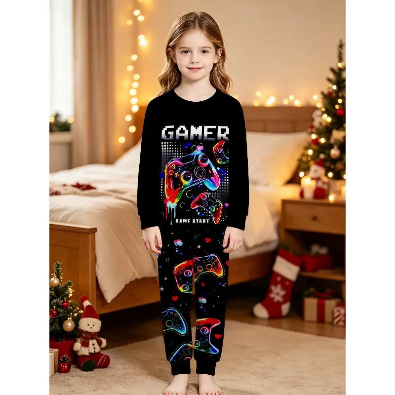 Conjunto de pijama com gola redonda para meninas, com estampas variadas de comandos de jogos, caminhões monstruosos, dinossauros, cachorrinhos e futeb