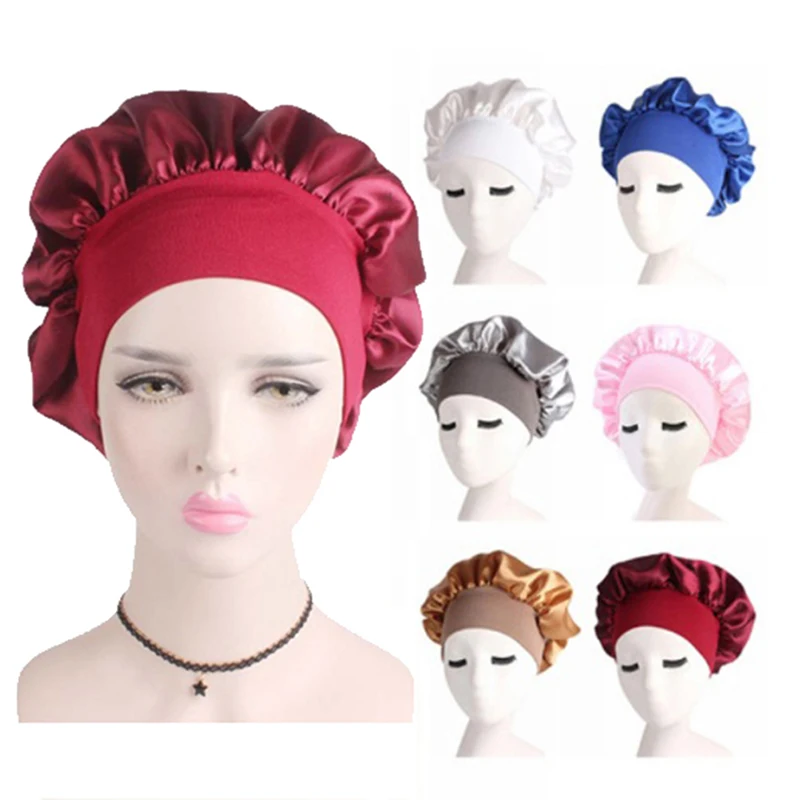 1PCS Adjust Solid Satin Bonnet Hair Styling Cap Long Hair Care Women Night Sleep Hat Silk Head Wrap Shower Cap Hair Styling Tool