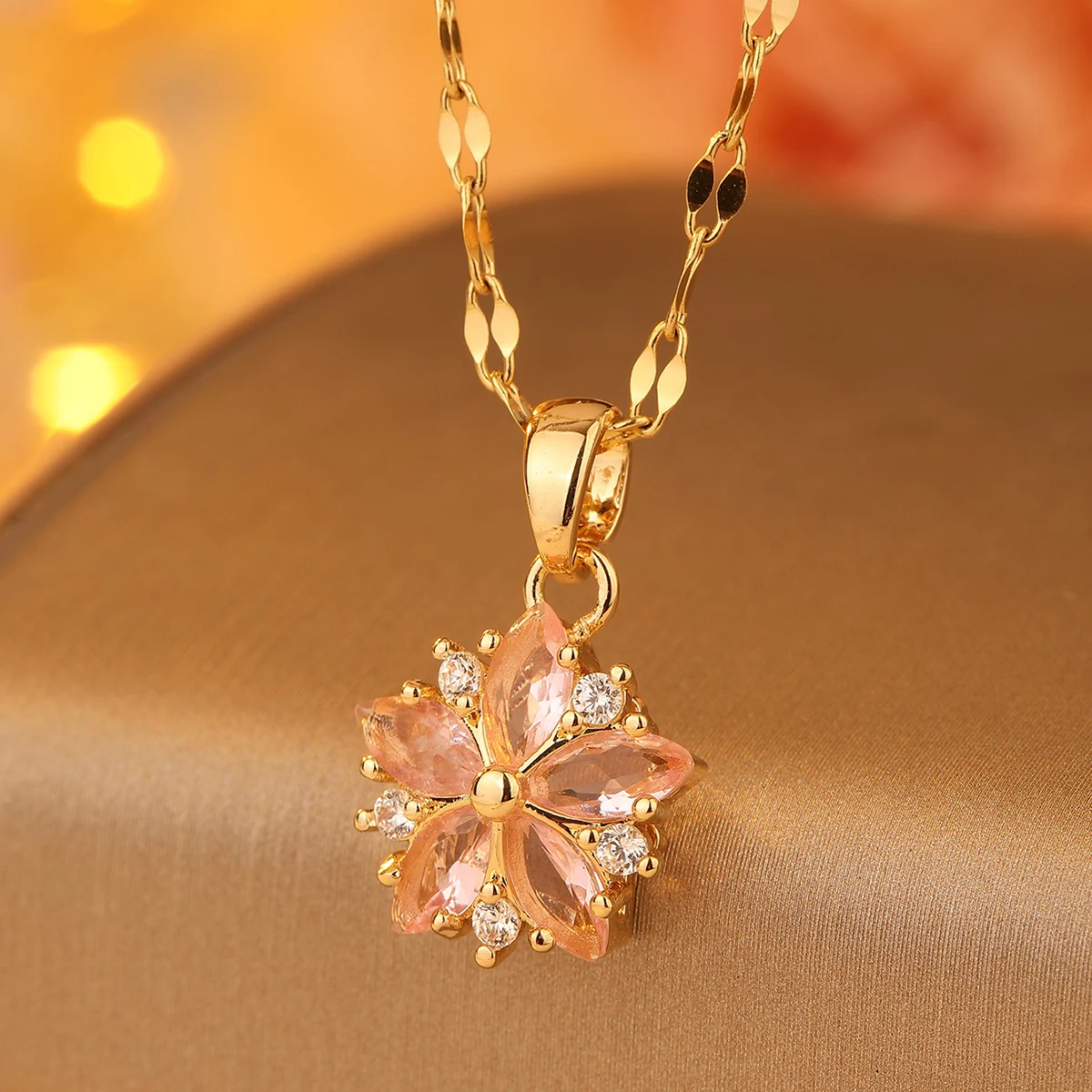 Neue Süße Rosa Kirschblüten Anhänger Edelstahl Halsketten Für Frauen Koreanische Mode Temperament Schlüsselbein Kette Schmuck – Detail 6