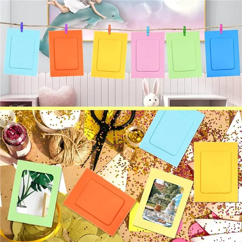 B97A-100 Pack Paper Picture Frames, 4X6 Colorful Photo Holder With Wooden Clips And String For Wall Decor And Party Supplies
