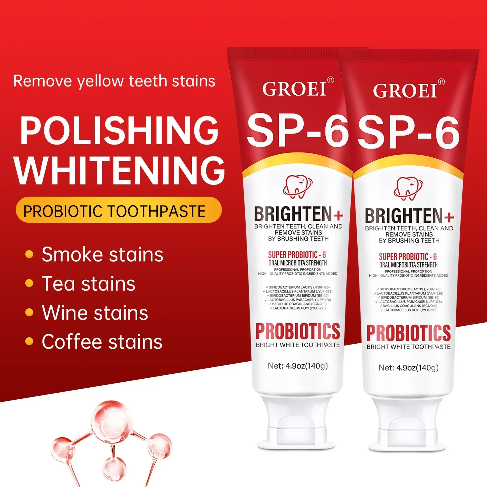 SP-6 Probiotische Zahnpasta 140 g – Aufhellt gelbe Zähne, beseitigt Flecken und erfrischt den Atem. Komplette Lösung für die Zahnpflege.