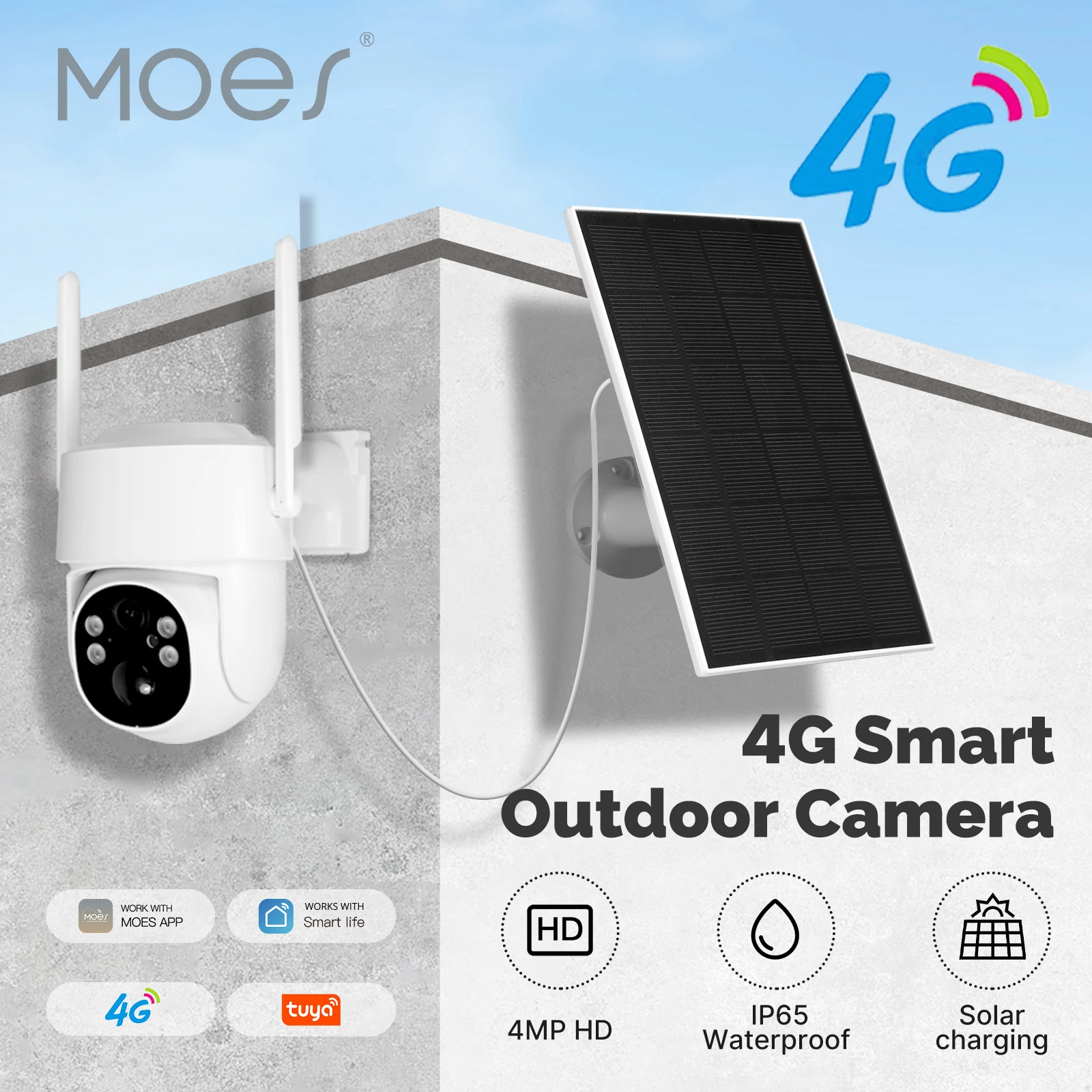 MOES Tuya 4G 4MP Surveillance Smart Security Camera Solar Charging IP65 Waterproof Human Tracking Full Color Night Vision