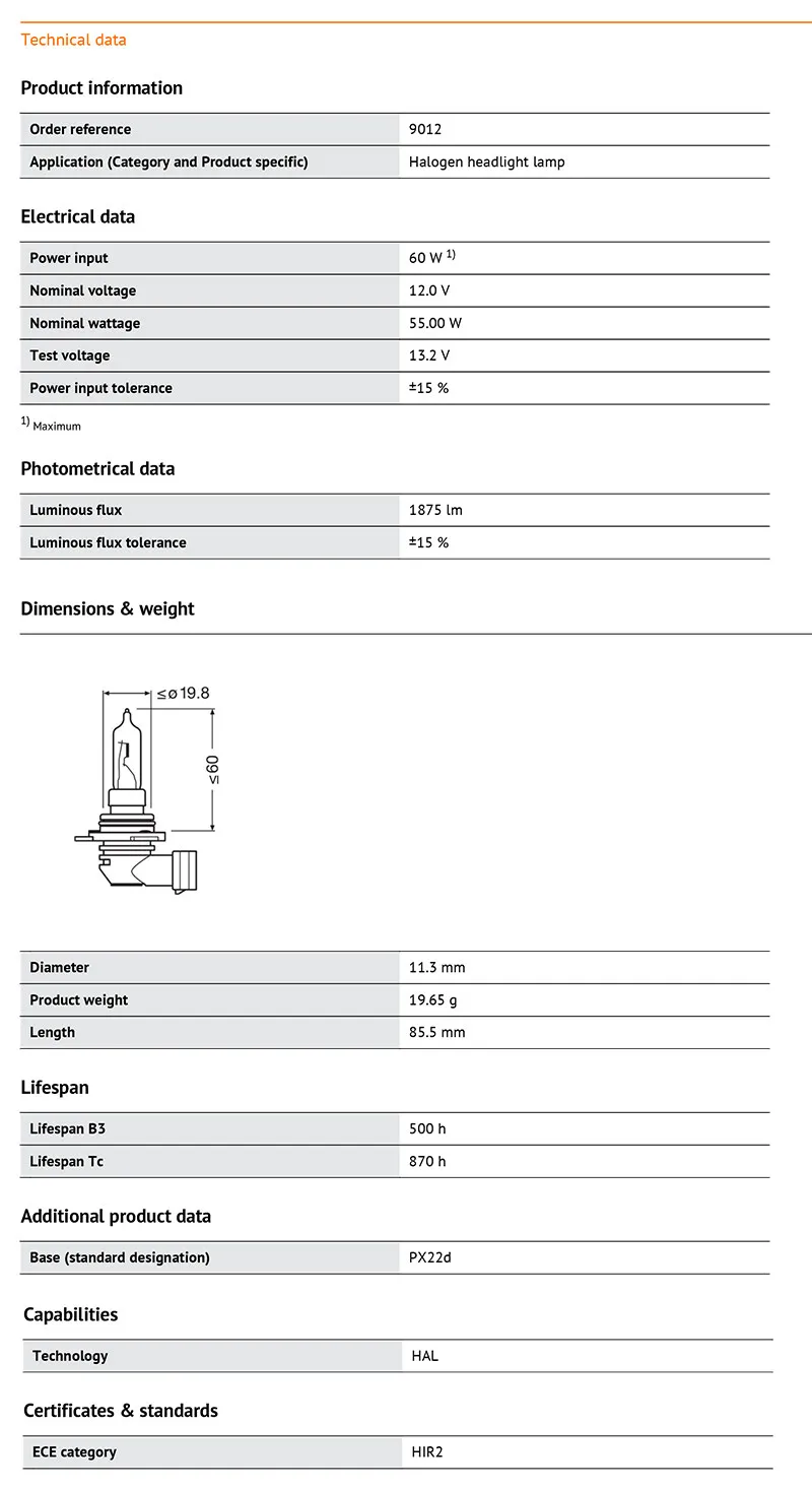 OSRAM-bombilla halógena clásica para faro delantero de coche, lámpara automática estándar de haz alto/bajo ECE, 9012 HIR2, 12V, 55W, PX22d, 3200K, 1