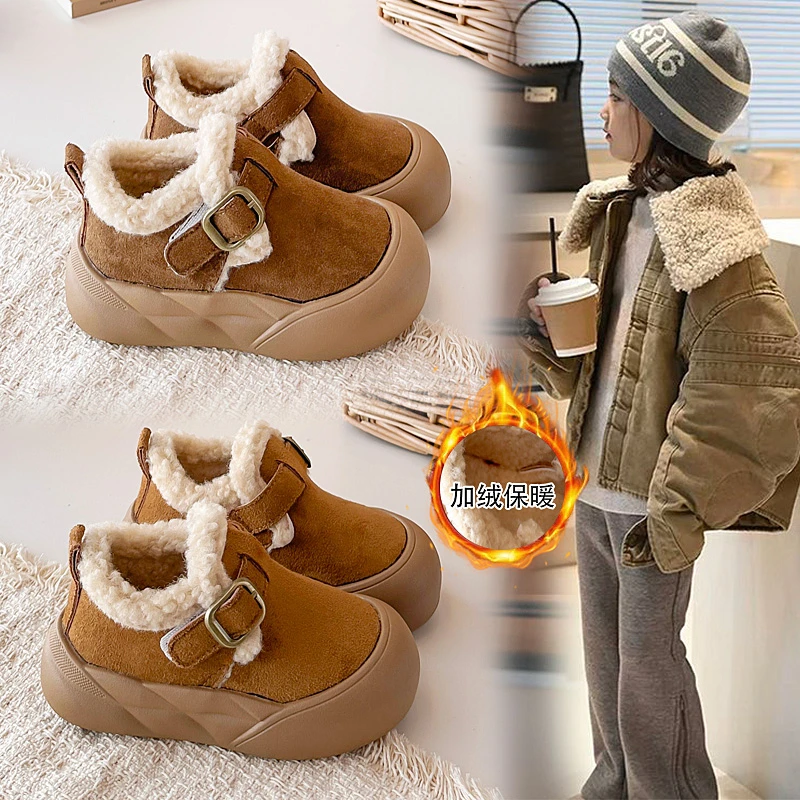 

Boys Girls Fleece Lined Casual Shoes with Buckle 2025 New Winter Toddler Warm-lined Sneakers Thick Sole Non-slip School Footwear