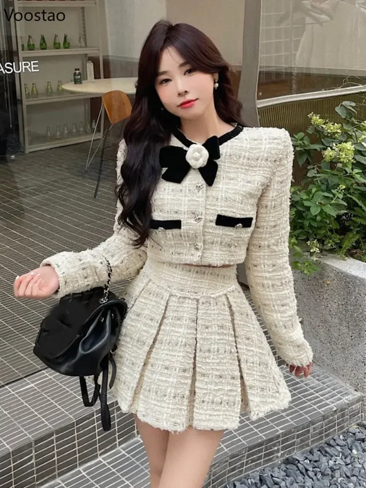 Autumn Winter Korean Skirts 2 Piece Set Women Elegant Bow Short Tweed Jacket Coat Mini Skirt Suit Female Sweet Two Piece Outfits